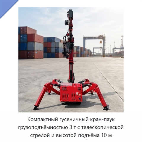 Компактный гусеничный кран-паук грузоподъёмностью 3 т с телескопической стрелой и высотой подъёма 10 м