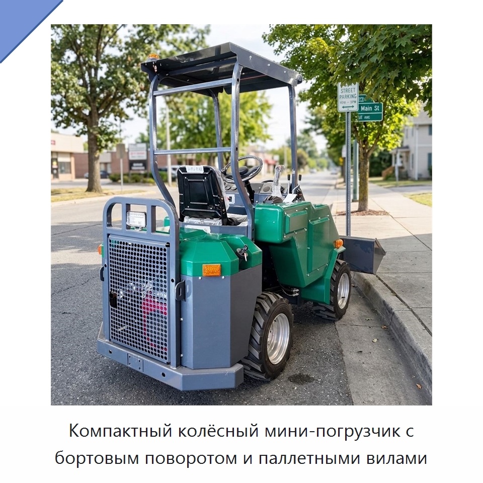 Компактный колёсный мини-погрузчик с бортовым поворотом и паллетными вилами — Землеройная техника
