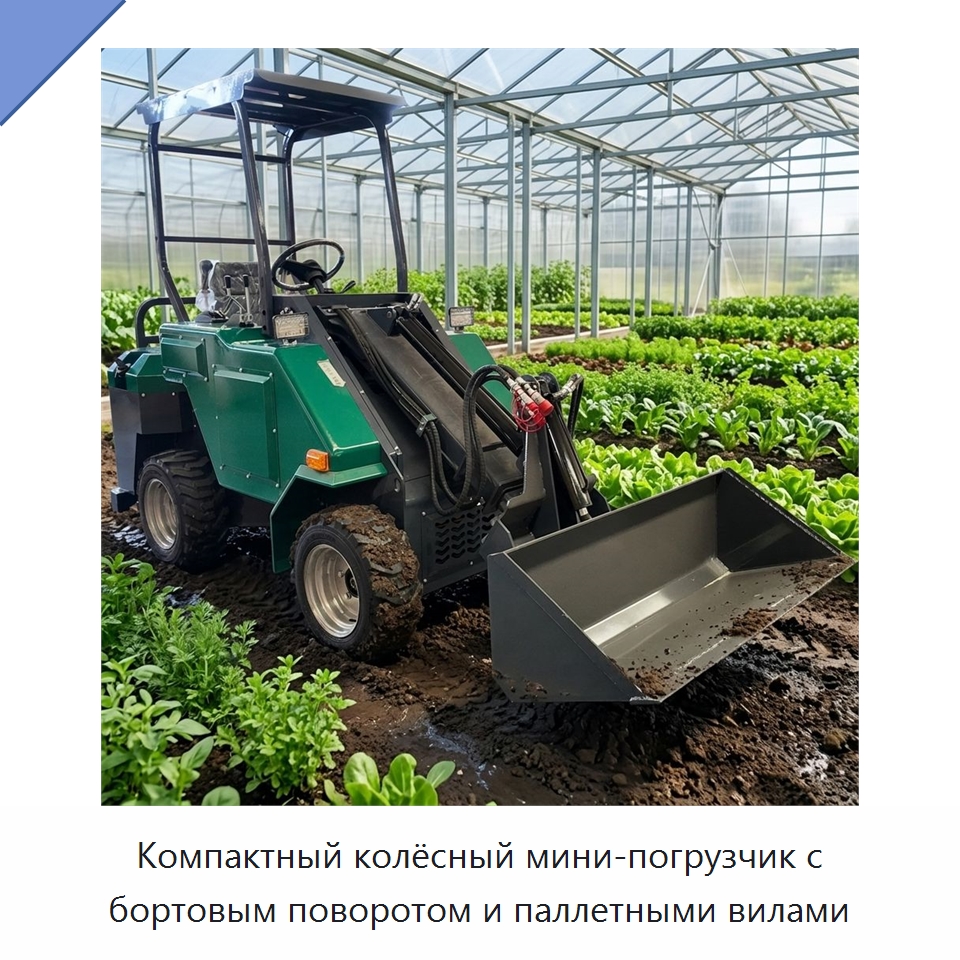 Компактный колёсный мини-погрузчик с бортовым поворотом и паллетными вилами — Землеройная техника