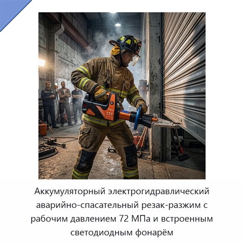 Аккумуляторный электрогидравлический аварийно-спасательный резак-разжим с рабочим давлением 72 МПа и встроенным светодиодным фонарём