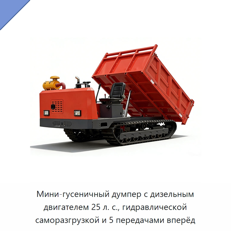Мини-гусеничный думпер с дизельным двигателем 25 л. с., гидравлической саморазгрузкой и 5 передачами вперёд — Землеройная техника