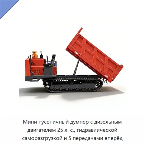 Мини-гусеничный думпер с дизельным двигателем 25 л. с., гидравлической саморазгрузкой и 5 передачами вперёд