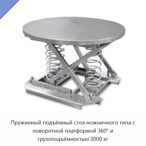 Пружинный подъёмный стол ножничного типа с поворотной платформой 360° и грузоподъёмностью 2000 кг