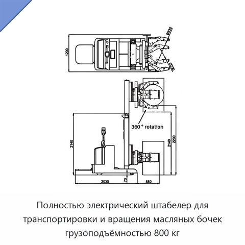 Полностью электрический штабелер для транспортировки и вращения масляных бочек грузоподъёмностью 800 кг