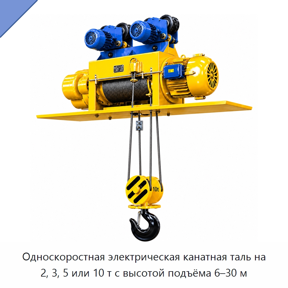 Односкоростная электрическая канатная таль на 2, 3, 5 или 10 т с высотой подъёма 6–30 м — Электротали