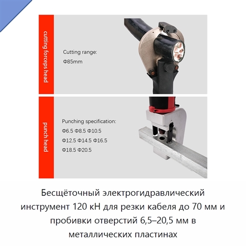 Бесщёточный электрогидравлический инструмент 120 кН для резки кабеля до 70 мм и пробивки отверстий 6,5–20,5 мм в металлических пластинах