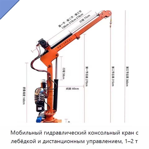 Мобильный гидравлический консольный кран с лебёдкой и дистанционным управлением, 1–2 т