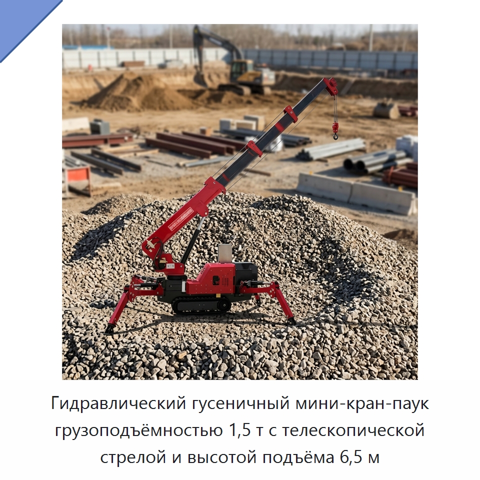 Гидравлический гусеничный мини-кран-паук грузоподъёмностью 1,5 т с телескопической стрелой и высотой подъёма 6,5 м — Краны
