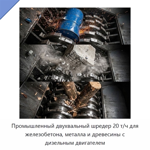 Промышленный двухвальный шредер 20 т/ч для железобетона, металла и древесины с дизельным двигателем