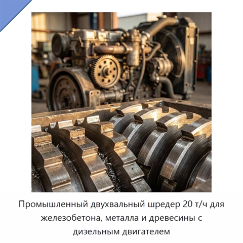 Промышленный двухвальный шредер 20 т/ч для железобетона, металла и древесины с дизельным двигателем