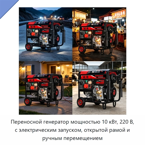 Переносной генератор мощностью 10 кВт, 220 В, с электрическим запуском, открытой рамой и ручным перемещением