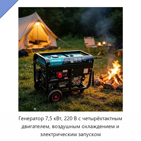 Генератор 7,5 кВт, 220 В с четырёхтактным двигателем, воздушным охлаждением и электрическим запуском
