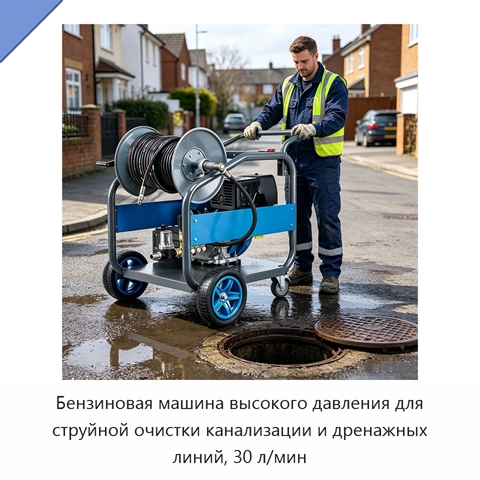 Бензиновая машина высокого давления для струйной очистки канализации и дренажных линий, 30 л/мин