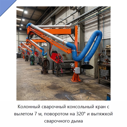 Колонный сварочный консольный кран с вылетом 7 м, поворотом на 320° и вытяжкой сварочного дыма