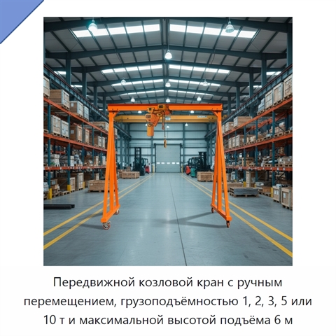 Передвижной козловой кран с ручным перемещением, грузоподъёмностью 1, 2, 3, 5 или 10 т и максимальной высотой подъёма 6 м