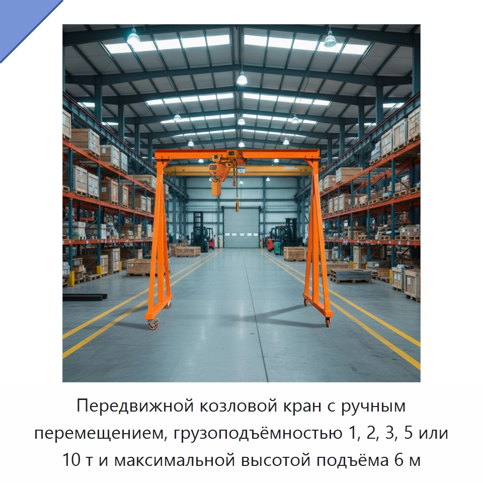 Передвижной козловой кран с ручным перемещением, грузоподъёмностью 1, 2, 3, 5 или 10 т и максимальной высотой подъёма 6 м — Краны