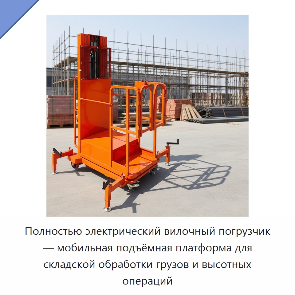 Полностью электрический вилочный погрузчик — мобильная подъёмная платформа для складской обработки грузов и высотных операций — Вилочные погрузчики