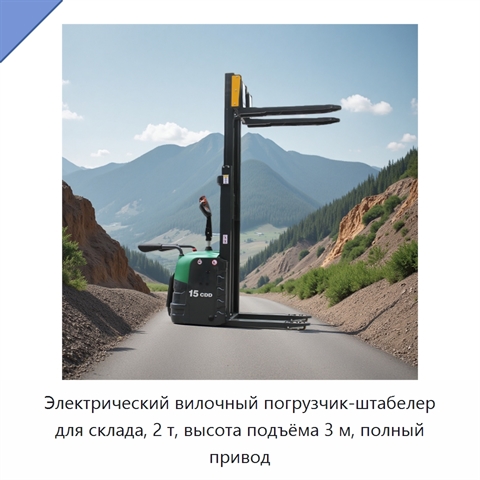 Электрический вилочный погрузчик-штабелер для склада, 2 т, высота подъёма 3 м, полный привод