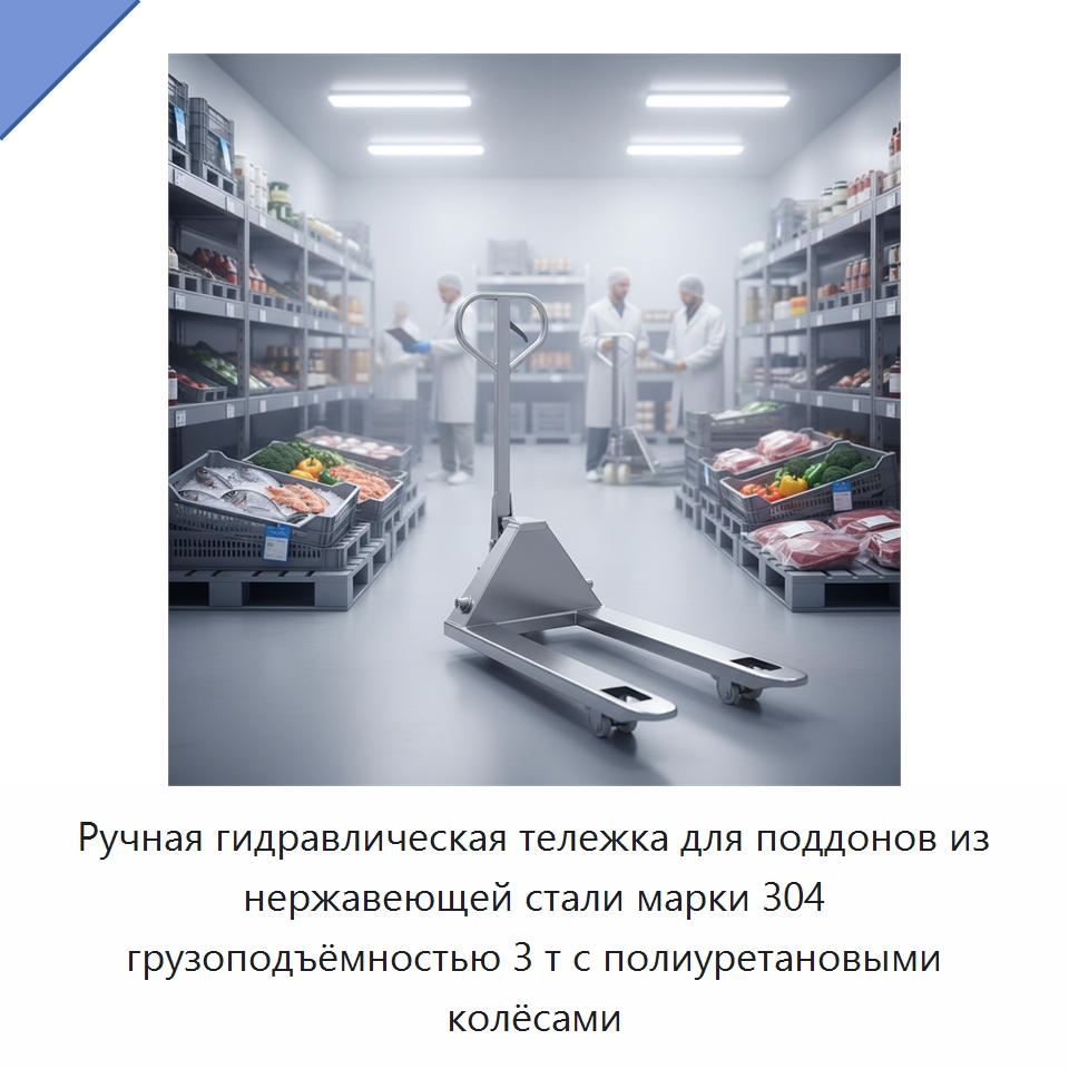 Ручная гидравлическая тележка для поддонов из нержавеющей стали марки 304 грузоподъёмностью 3 т с полиуретановыми колёсами — Вилочные погрузчики
