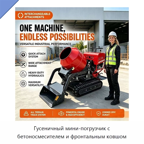 Гусеничный мини-погрузчик с бетоносмесителем и фронтальным ковшом
