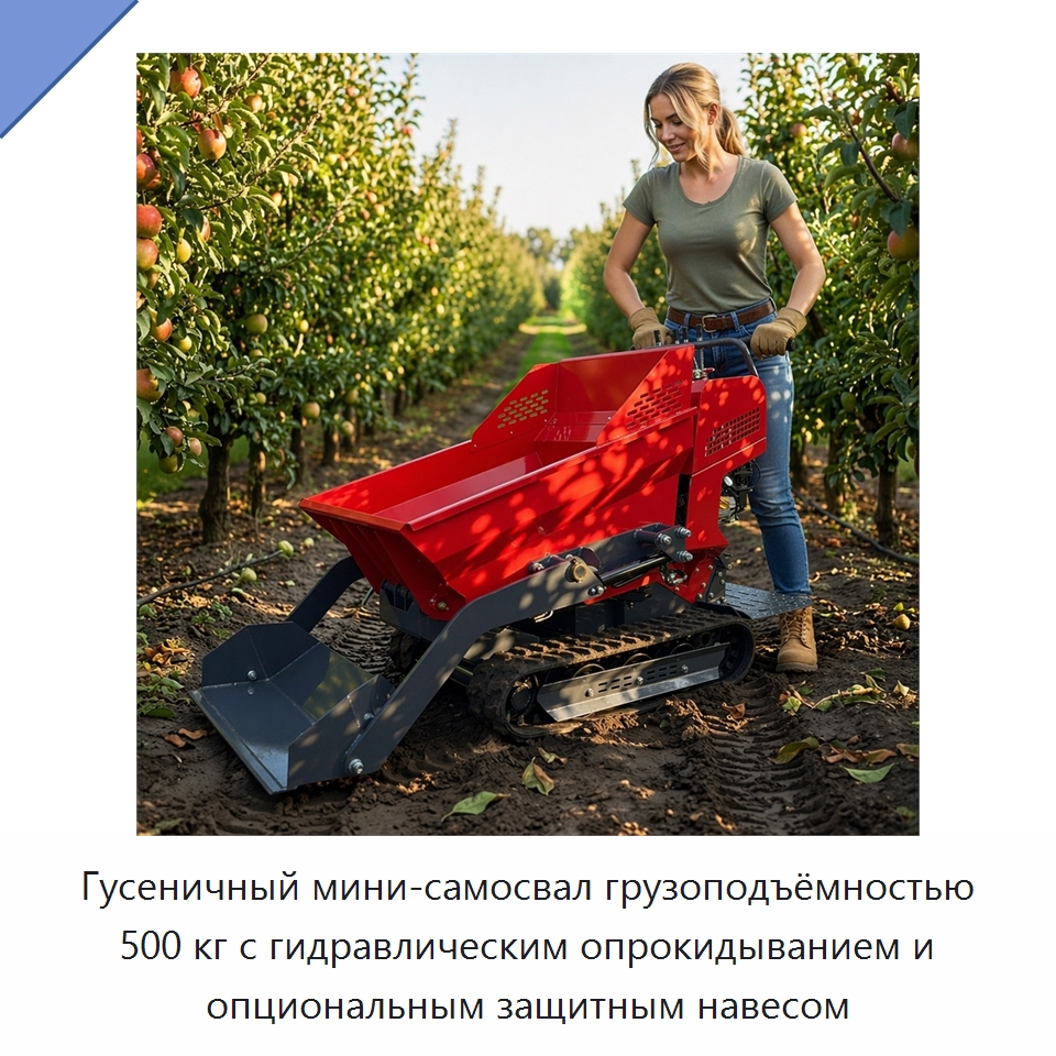 Гусеничный мини-самосвал грузоподъёмностью 500 кг с гидравлическим опрокидыванием и опциональным защитным навесом — Землеройная техника