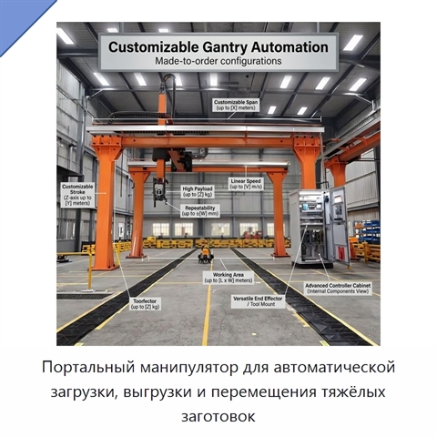 Портальный манипулятор для автоматической загрузки, выгрузки и перемещения тяжёлых заготовок