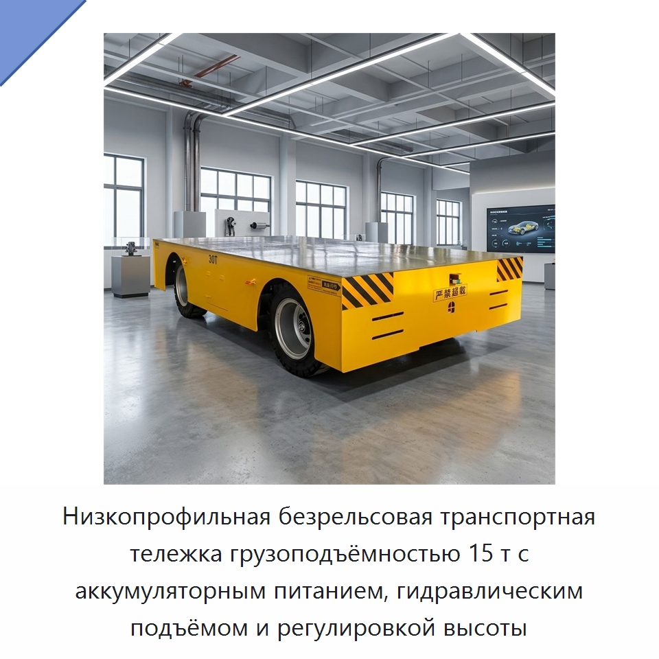 Низкопрофильная безрельсовая транспортная тележка грузоподъёмностью 15 т с аккумуляторным питанием, гидравлическим подъёмом и регулировкой высоты — Специальное подъемно-транспортное оборудование
