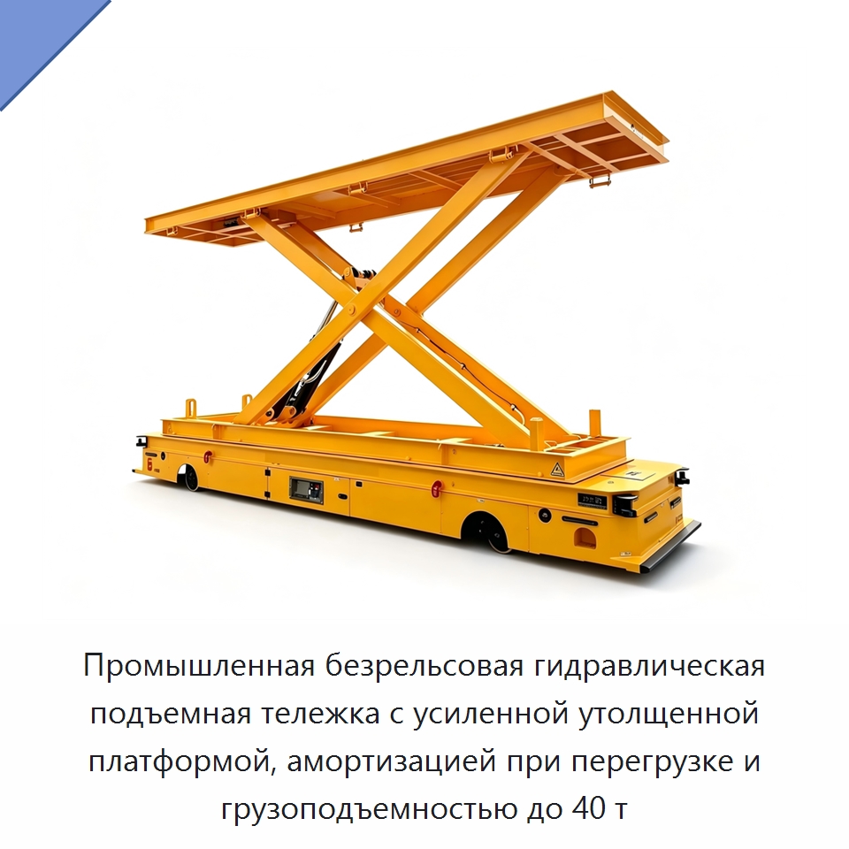 Промышленная безрельсовая гидравлическая подъемная тележка с усиленной утолщенной платформой, амортизацией при перегрузке и грузоподъемностью до 40 т — Специальное подъемно-транспортное оборудование