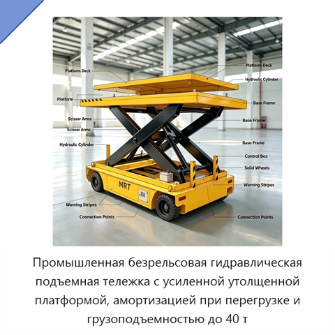 Промышленная безрельсовая гидравлическая подъемная тележка с усиленной утолщенной платформой, амортизацией при перегрузке и грузоподъемностью до 40 т