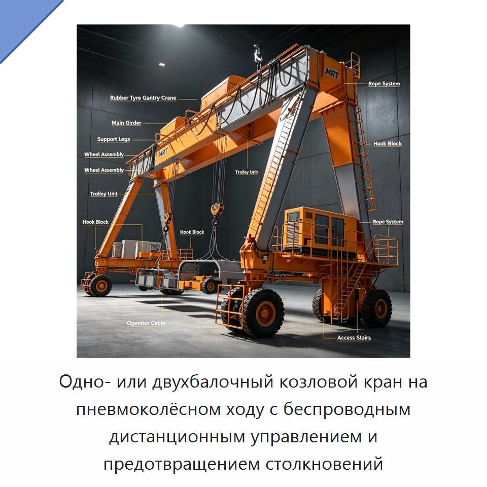 Одно- или двухбалочный козловой кран на пневмоколёсном ходу с беспроводным дистанционным управлением и предотвращением столкновений — Краны