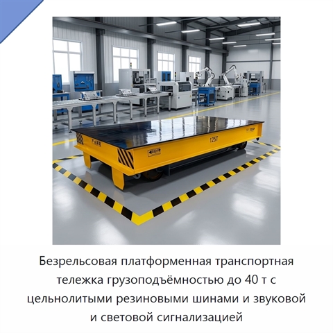Безрельсовая платформенная транспортная тележка грузоподъёмностью до 40 т с цельнолитыми резиновыми шинами и звуковой и световой сигнализацией