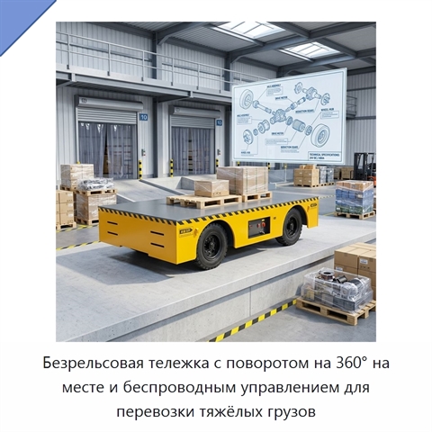Безрельсовая тележка с поворотом на 360° на месте и беспроводным управлением для перевозки тяжёлых грузов