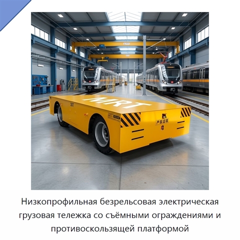 Низкопрофильная безрельсовая электрическая грузовая тележка со съёмными ограждениями и противоскользящей платформой