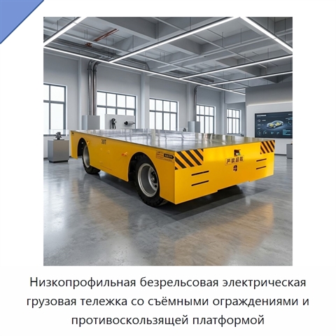 Низкопрофильная безрельсовая электрическая грузовая тележка со съёмными ограждениями и противоскользящей платформой