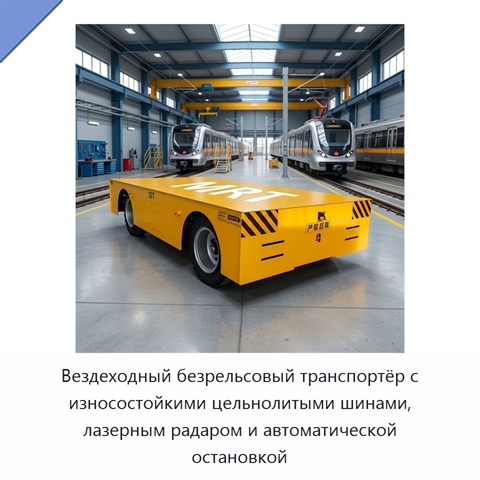 Вездеходный безрельсовый транспортёр с износостойкими цельнолитыми шинами, лазерным радаром и автоматической остановкой