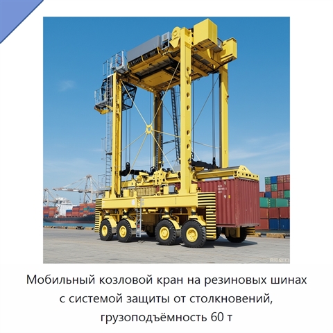 Мобильный козловой кран на резиновых шинах с системой защиты от столкновений, грузоподъёмность 60 т