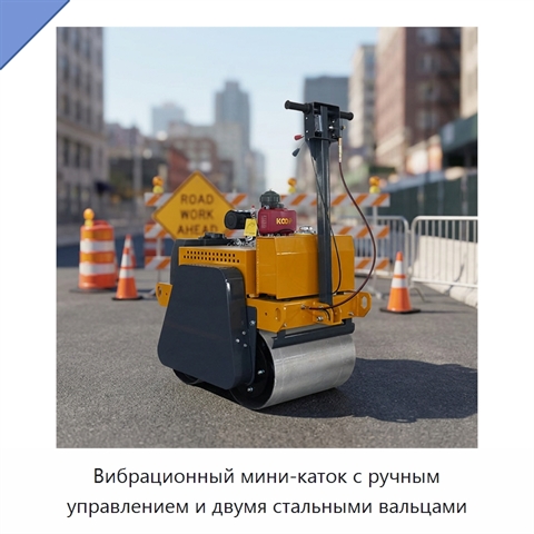 Вибрационный мини-каток с ручным управлением и двумя стальными вальцами