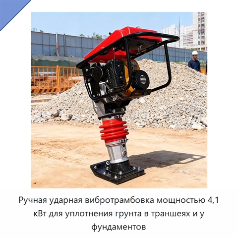 Ручная ударная вибротрамбовка мощностью 4,1 кВт для уплотнения грунта в траншеях и у фундаментов
