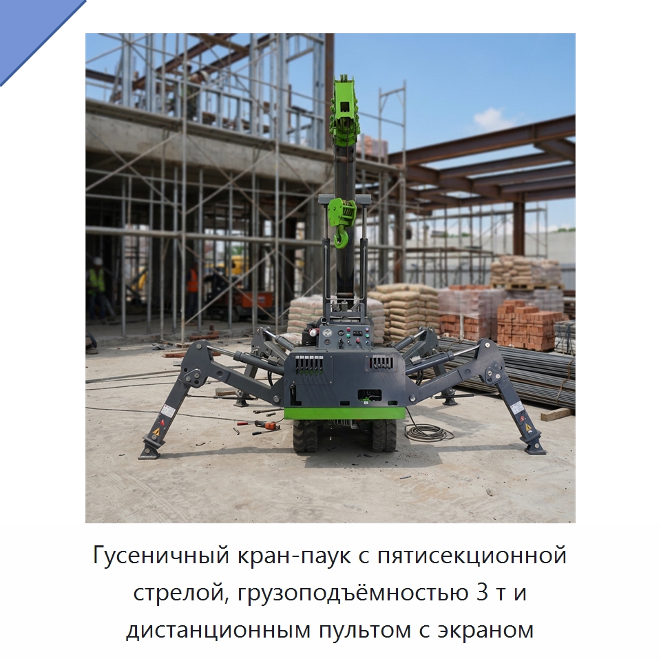 Гусеничный кран-паук с пятисекционной стрелой, грузоподъёмностью 3 т и дистанционным пультом с экраном — Краны