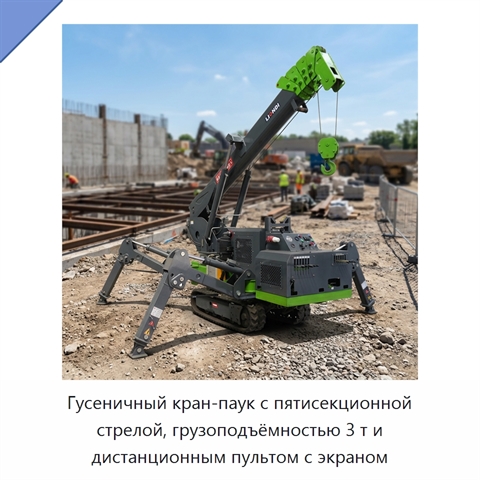 Гусеничный кран-паук с пятисекционной стрелой, грузоподъёмностью 3 т и дистанционным пультом с экраном