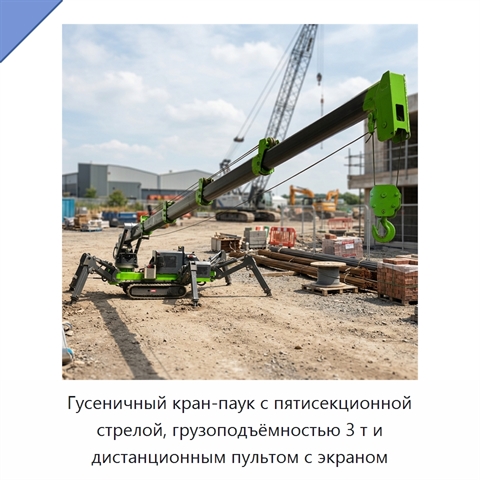Гусеничный кран-паук с пятисекционной стрелой, грузоподъёмностью 3 т и дистанционным пультом с экраном