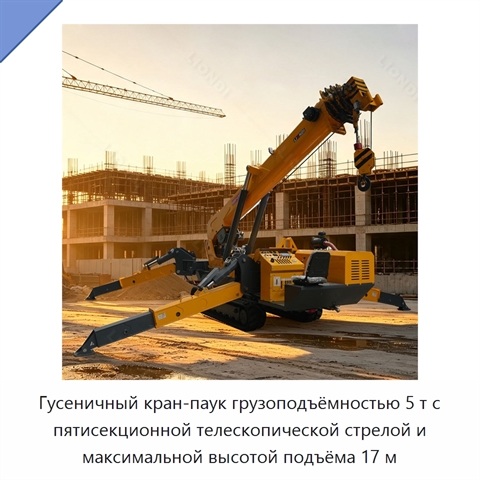 Гусеничный кран-паук грузоподъёмностью 5 т с пятисекционной телескопической стрелой и максимальной высотой подъёма 17 м