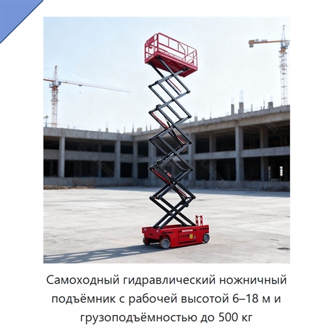 Самоходный гидравлический ножничный подъёмник с рабочей высотой 6–18 м и грузоподъёмностью до 500 кг