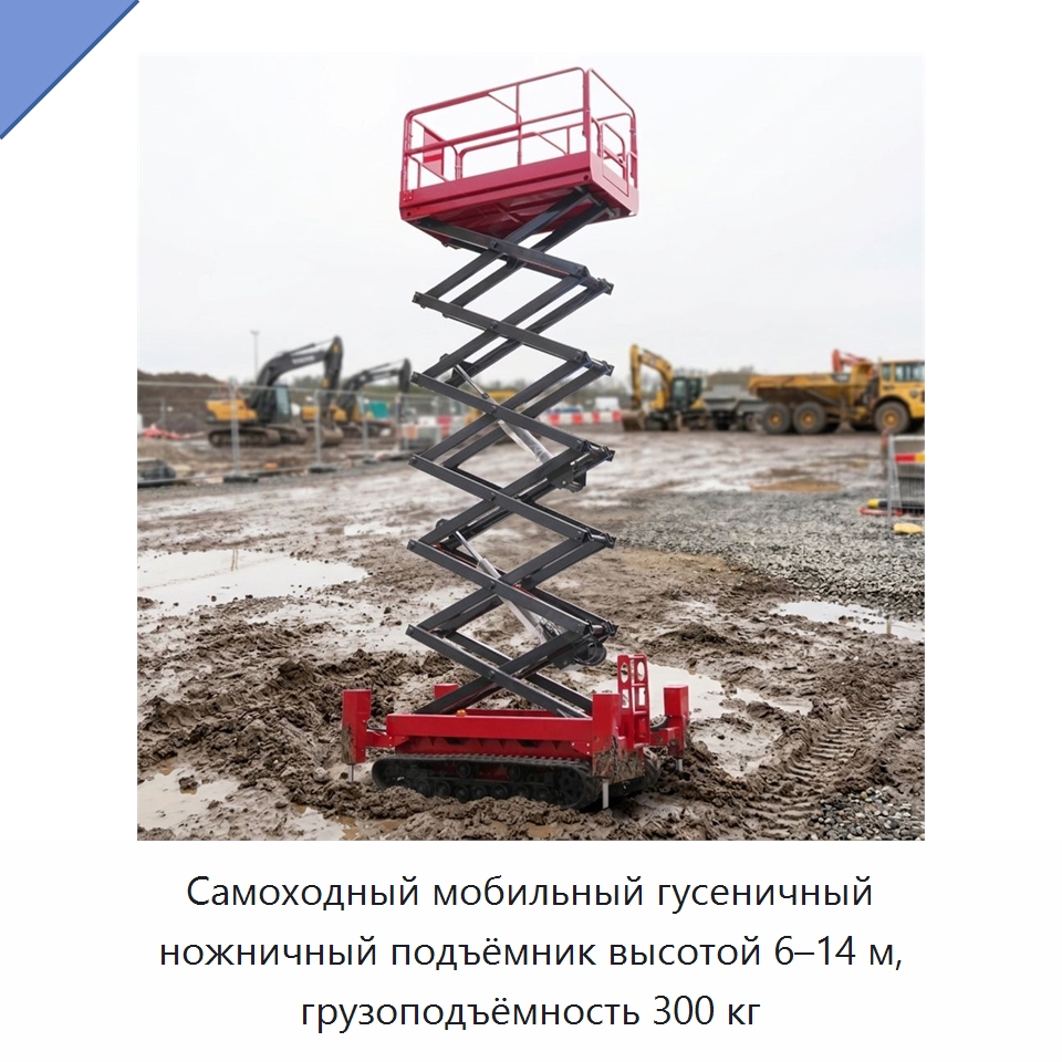 Самоходный мобильный гусеничный ножничный подъёмник высотой 6–14 м, грузоподъёмность 300 кг — Подъемные столы