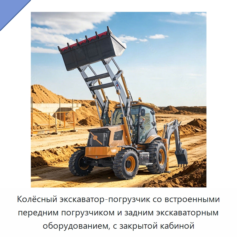 Колёсный экскаватор-погрузчик со встроенными передним погрузчиком и задним экскаваторным оборудованием, с закрытой кабиной — Землеройная техника