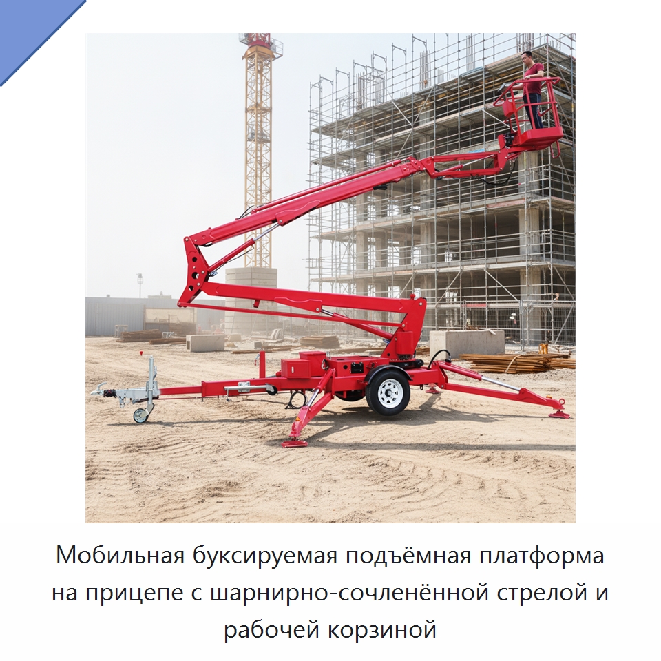 Мобильная буксируемая подъёмная платформа на прицепе с шарнирно-сочленённой стрелой и рабочей корзиной — Подъемные столы