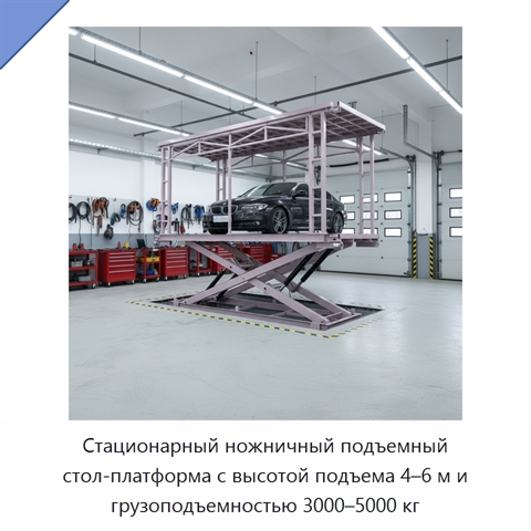 Стационарный ножничный подъемный стол-платформа с высотой подъема 4–6 м и грузоподъемностью 3000–5000 кг
