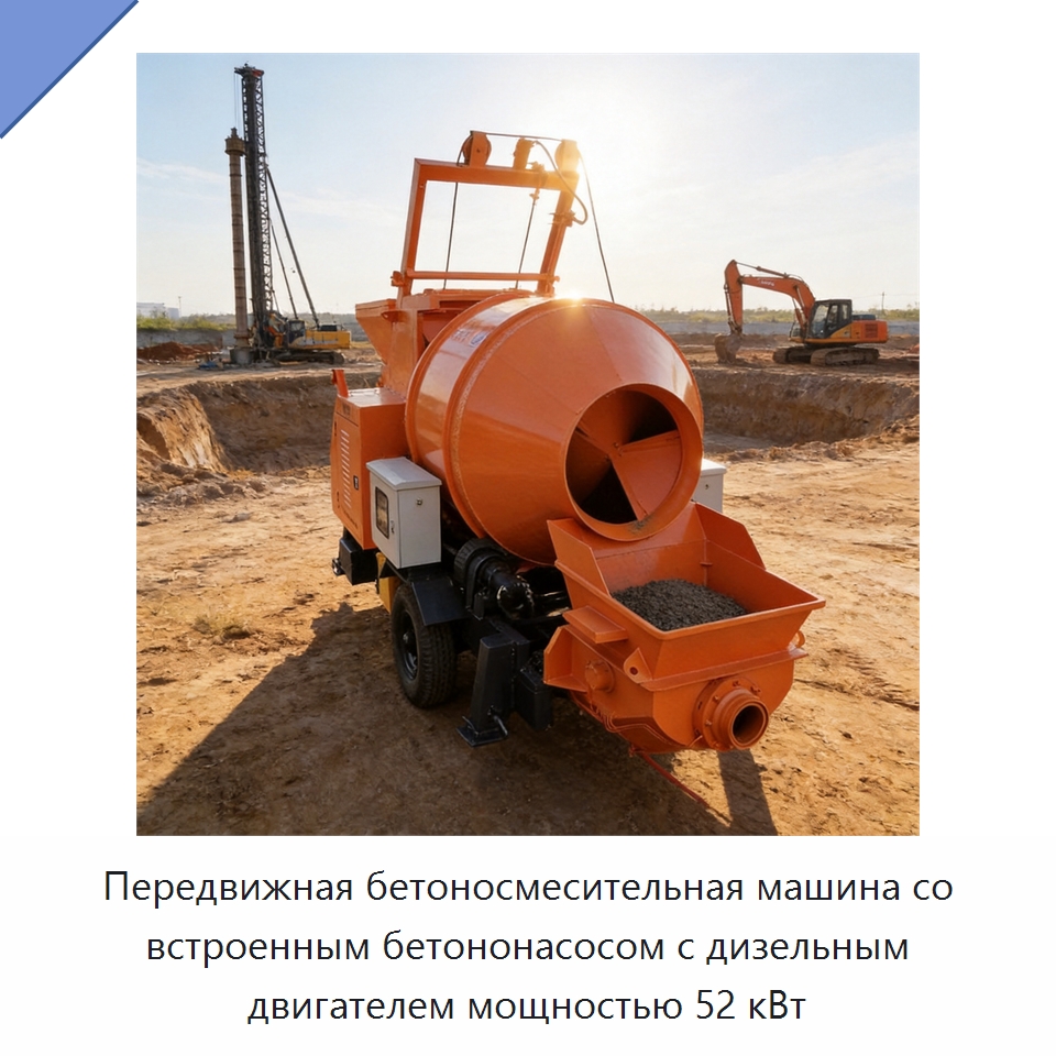 Передвижная бетоносмесительная машина со встроенным бетононасосом с дизельным двигателем мощностью 52 кВт