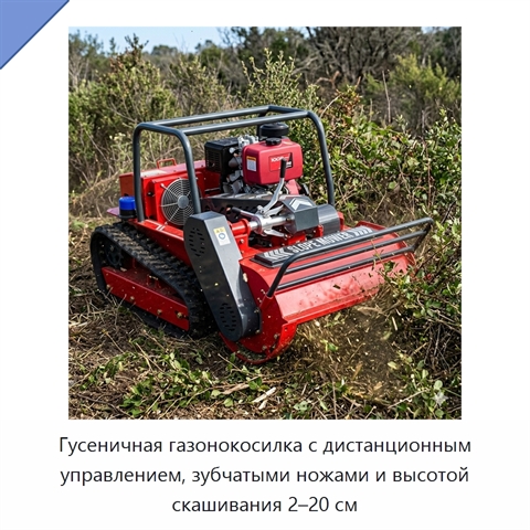 Гусеничная газонокосилка с дистанционным управлением, зубчатыми ножами и высотой скашивания 2–20 см