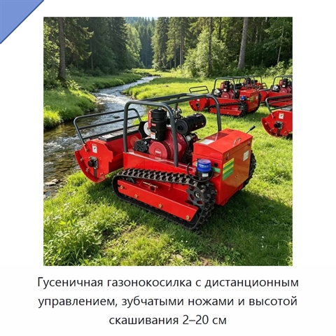Гусеничная газонокосилка с дистанционным управлением, зубчатыми ножами и высотой скашивания 2–20 см